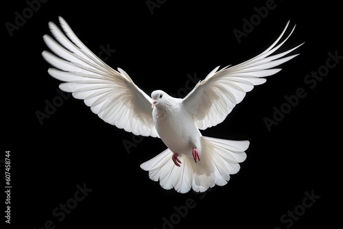 White dove flying isolated on black background and Clipping path. freedom on international day of peace concept - Generative AI
