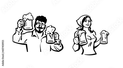 Happy man and woman holding beer mugs. Hand drawn vector illustration isolated on white background.