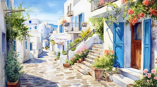 watercolor illustration street in Greece , generative ai
