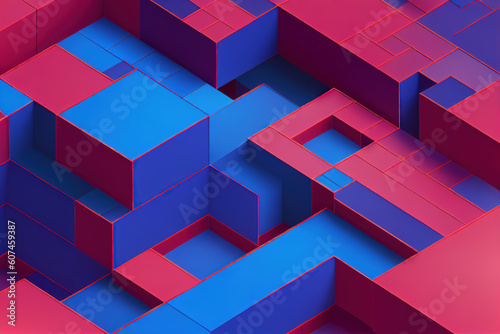 Ravishing isometric architectural design, labyrinth of red and blue geometric blocks in seamless intricate pattern like maze. Geometry and abstract art in modern dynamic background by Generative AI.