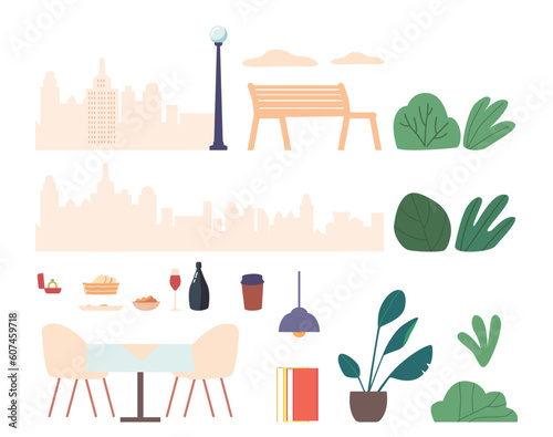 Set of icons and Elements. Cityscape View with City Buildings, Lantern, Plants and Wooden Bench. Table with Chairs