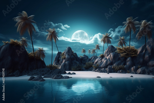 Abstract tropical island landscape. 3D modern art mural wallpaper with matte dark blue background. Dark landscape with palm trees, moon, mountains and ocean. Minimalistic style. Generative AI
