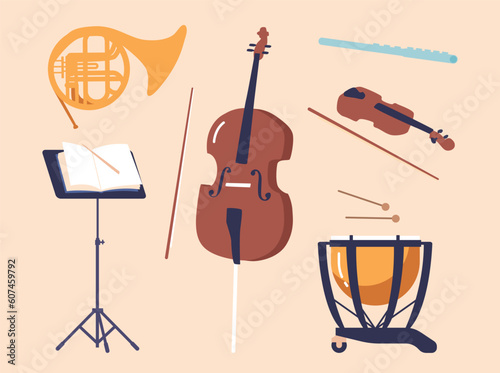 French Horn, Flute, Cello, Violin and Music Stand with Drum Timeless And Revered Classic Instruments Isolated Set