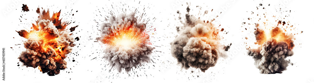 Set of explosions isolated on transparent background - Generative AI - obrazy, fototapety, plakaty 