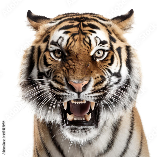 Front view close up of tiger animal isolated on transparent background