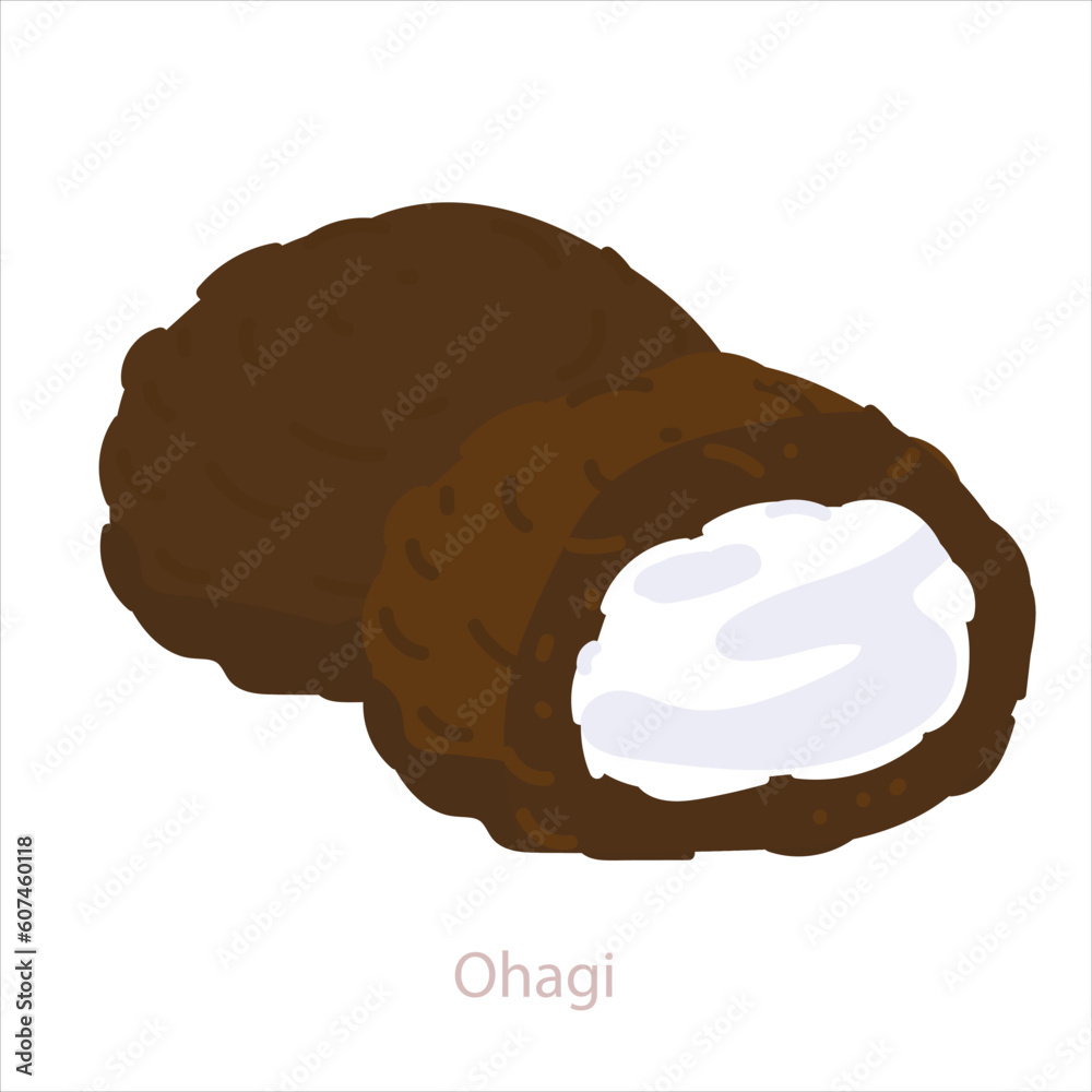Ohagi Mochi Botamochi. Japanese sweet rice balls made with glutinous rice and sweet red bean paste. Vector cartoon illustration isolated on white Ohagi Mochi Botamochi. Japanese sweet rice balls made with glutinous rice and sweet red bean paste. Vector cartoon illustration isolated on white