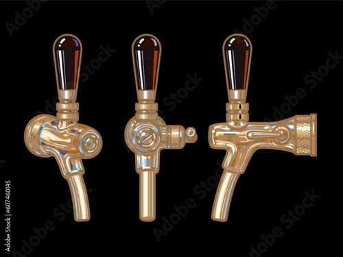 Set of metal beer taps, front, side and three quarter view. Hand drawn vector illustration isolated on black background.
