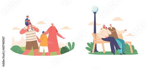 Family Relations, Togetherness Concept. Parents and Kids Walking in Park, Senior Male and Female Sitting on Bench