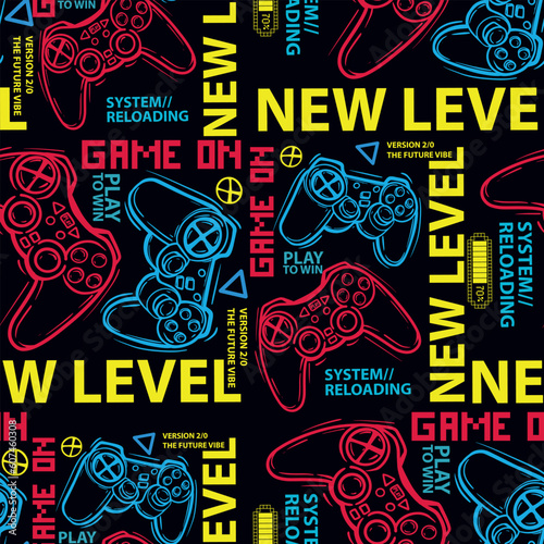 Seamless bright pattern with joysticks. gaming cool print for boys and girls. Suitable for textiles, sportswear, web
