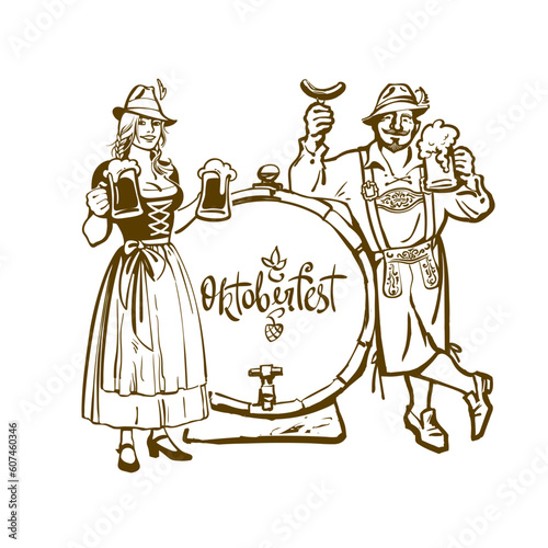 Man and woman in traditional Bavarian costumes with beer mugs. Lettering Octoberfest. Hand drawn vector illustration.