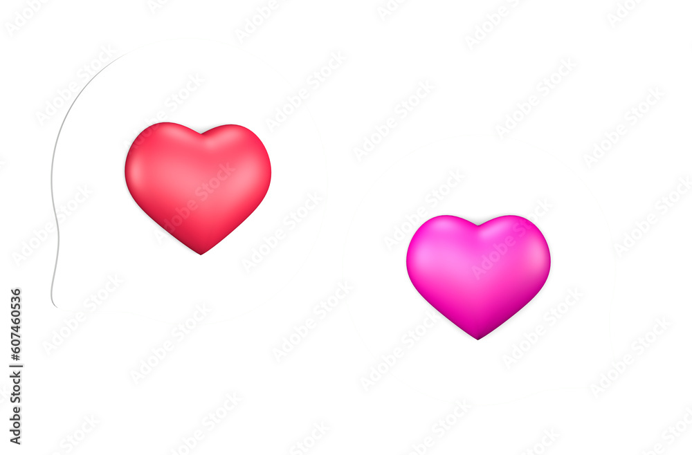 Two 3D chat icons with hearts on PNG transparent background. Valentine's day concept.