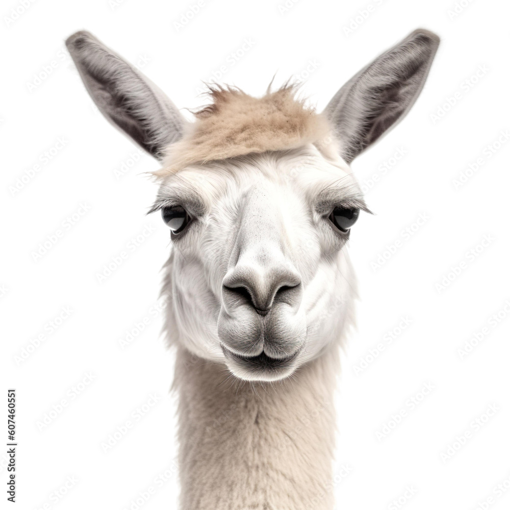 Front view close up of Llama animal isolated on transparent background - obrazy, fototapety, plakaty 