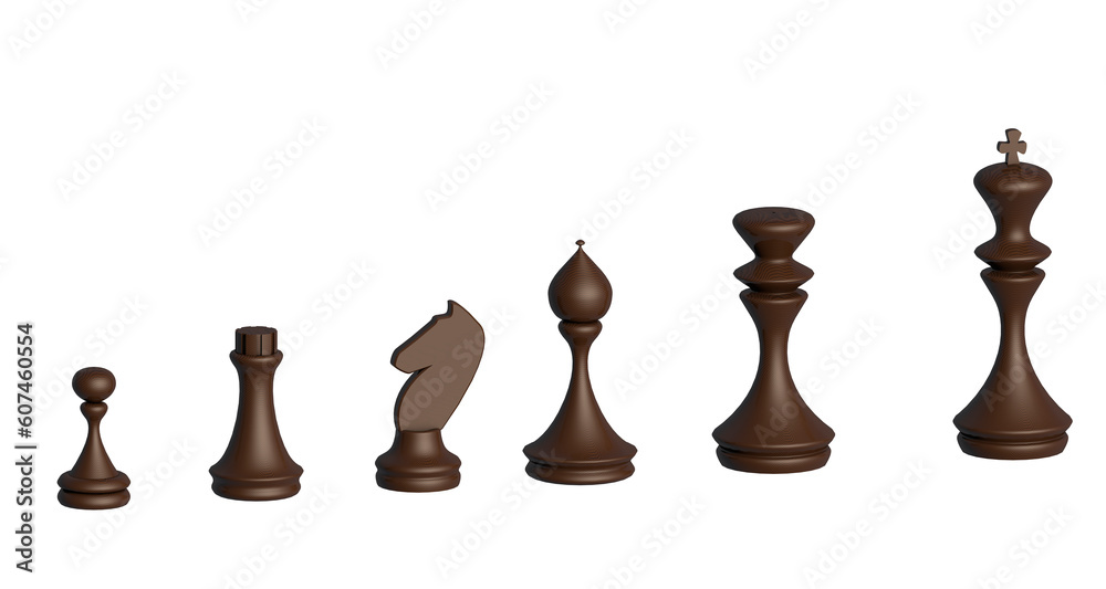 3D black wooden chess pieces isolated on a transparent png background. 3D black wooden chess pieces isolated on a transparent png background.