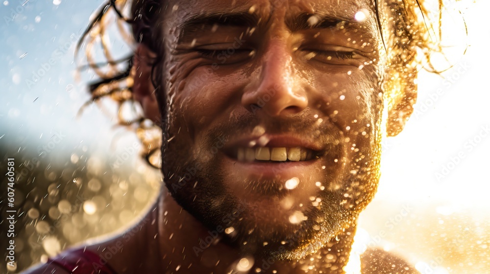 A fictional person. Determined Surfer Emerging from the Water with Surfboard A fictional person. Determined Surfer Emerging from the Water with Surfboard