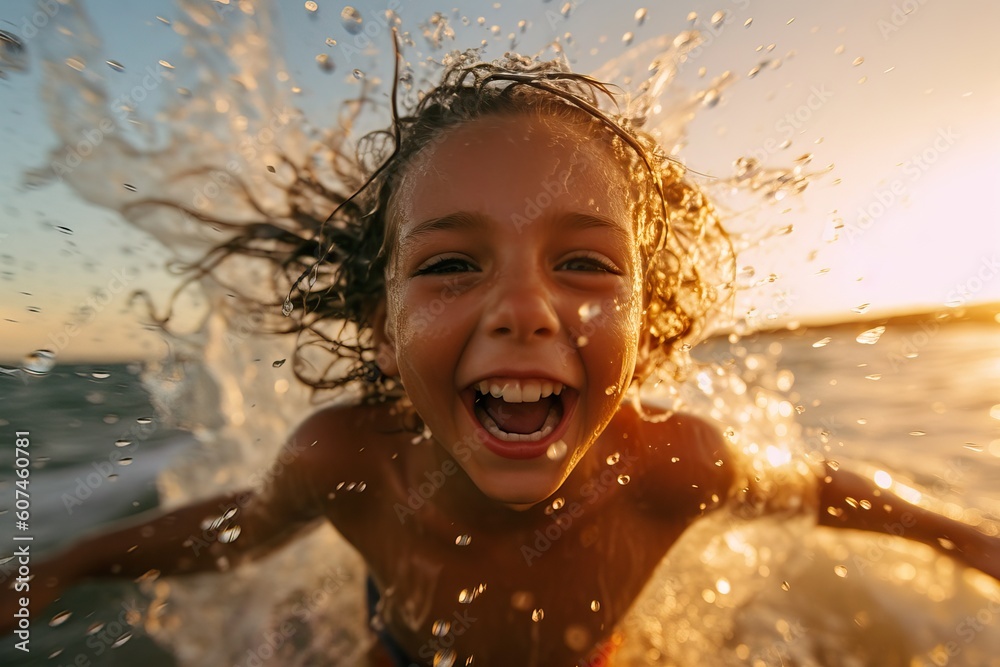 Fototapeta premium A fictional person. Joyful child playing in ocean waves