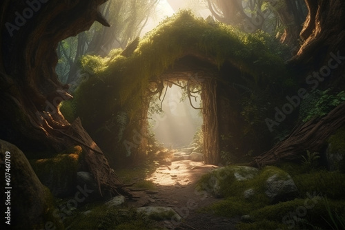 Fantasy concept. Old forest and ancient round ruins, doors or portal to other dimension. Generative AI