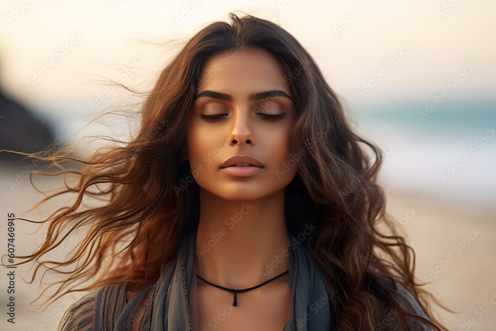A fictional person.   Serene woman practicing yoga on a tranquil beach