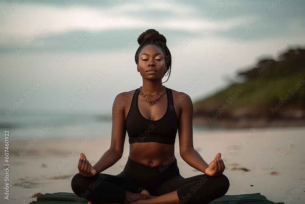 Fototapeta premium A fictional person. Serene woman practicing yoga on a tranquil beach