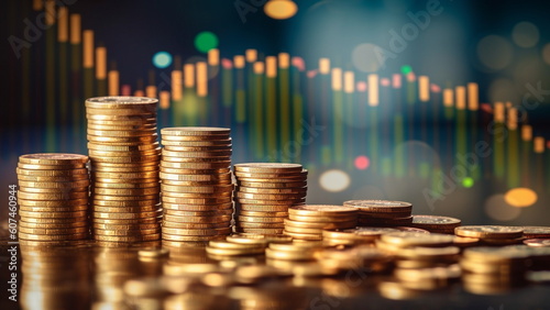 Double exposure of coins, finance and investment concept with Generative AI.