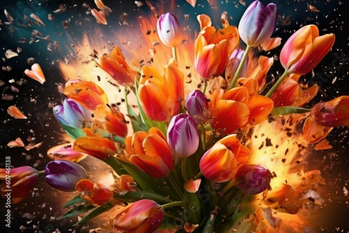 Exploding bouquet of tulip flowers, motion, explosion, generated with AI, retouched with Photoshop