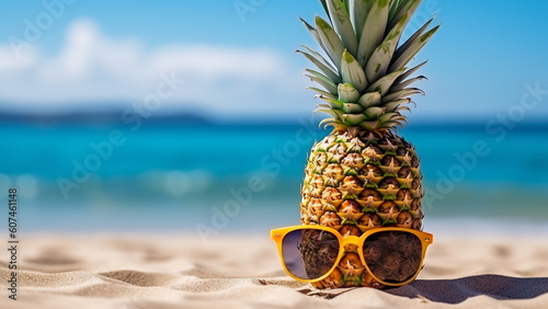 Pineapple with sunglasses on tropical beach. Generative AI.