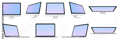 Set of realistic devices. 3d rendering of laptop and monitor with colorful screen saver isolated on transparent background.