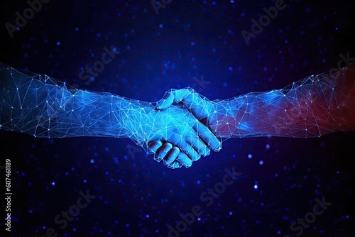 Abstract image of Business handshake in glowing blue. Low polygon, particle, and triangle style design.Wireframe light connection structure or points, lines - Generative AI