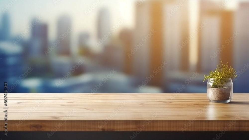 Wood table top on blur glass window wall building background with Generative AI. Wood table top on blur glass window wall building background with Generative AI.