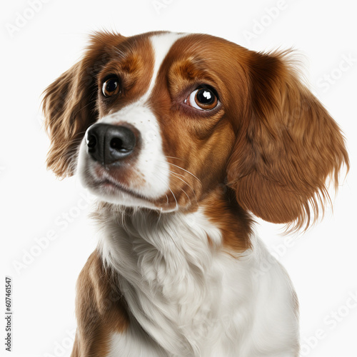 Adorable cute brittany spaniel dog portrait with the curiosity and innocent look as concept of happy domestic pet in ravishing hyper realistic detail isolated on white background by Generative AI.