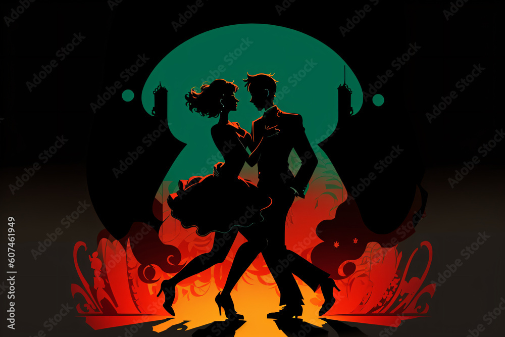A couple dancing tango in a city street dark silhouettes