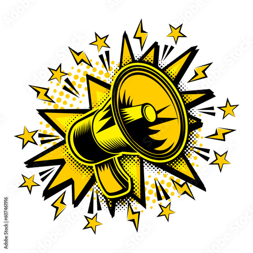 Cartoon megaphone vector illustration in pop art style on transparent background