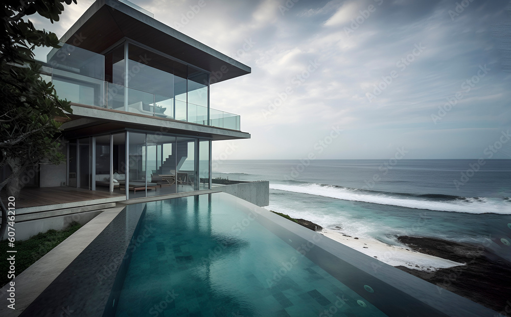 Modern luxury villa with pool on Bali beach. Eco house design concept by the sea, copy space. AI generated.