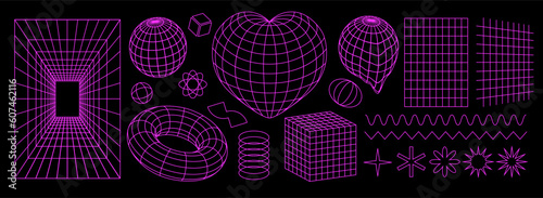 Geometry wireframe shapes and grids in neon pink color. Surreal geometric shapes, cyberpunk elements in trendy psychedelic rave style. 00s Y2k retro futuristic aesthetic.