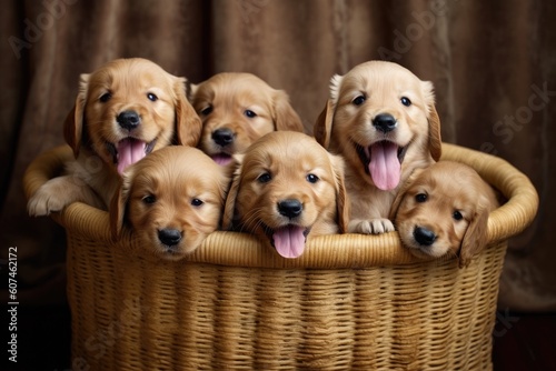 Group of Adorable Golden Retriever Puppies Sitting in a Basket, Generative AI
