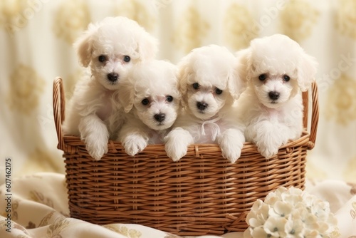 Group of Adorable White Poodle Puppies Sitting in a Basket, Generative AI