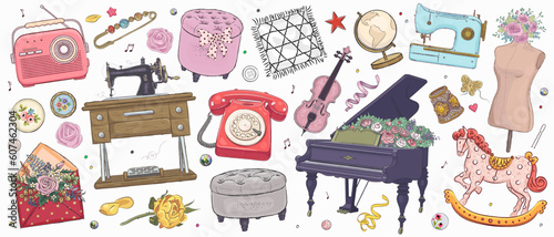 Set of hand drawn retro object isolated on background. Vector illustration of furniture, radio, piano, violin, sewing machine, telephone