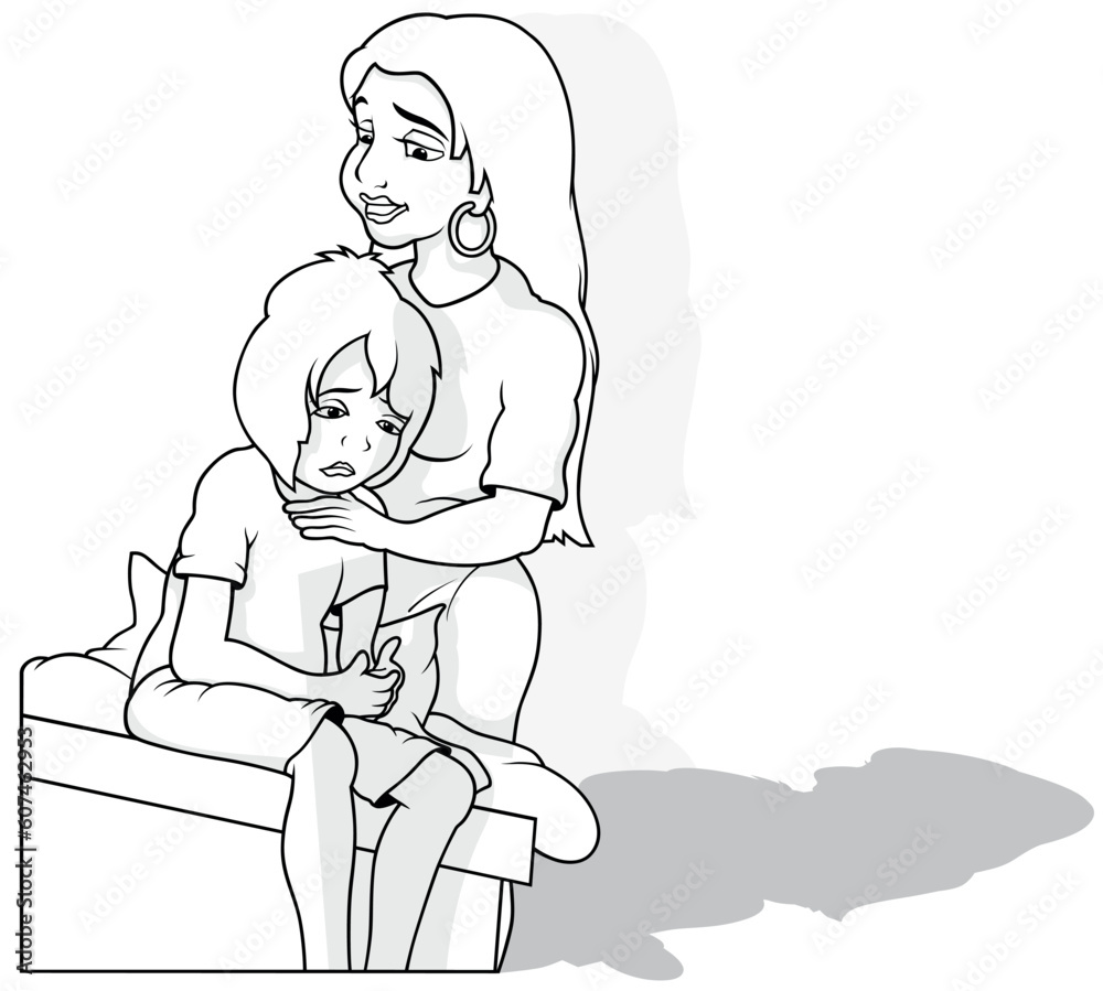 Drawing of a Mother Comforting a Sad Little Boy