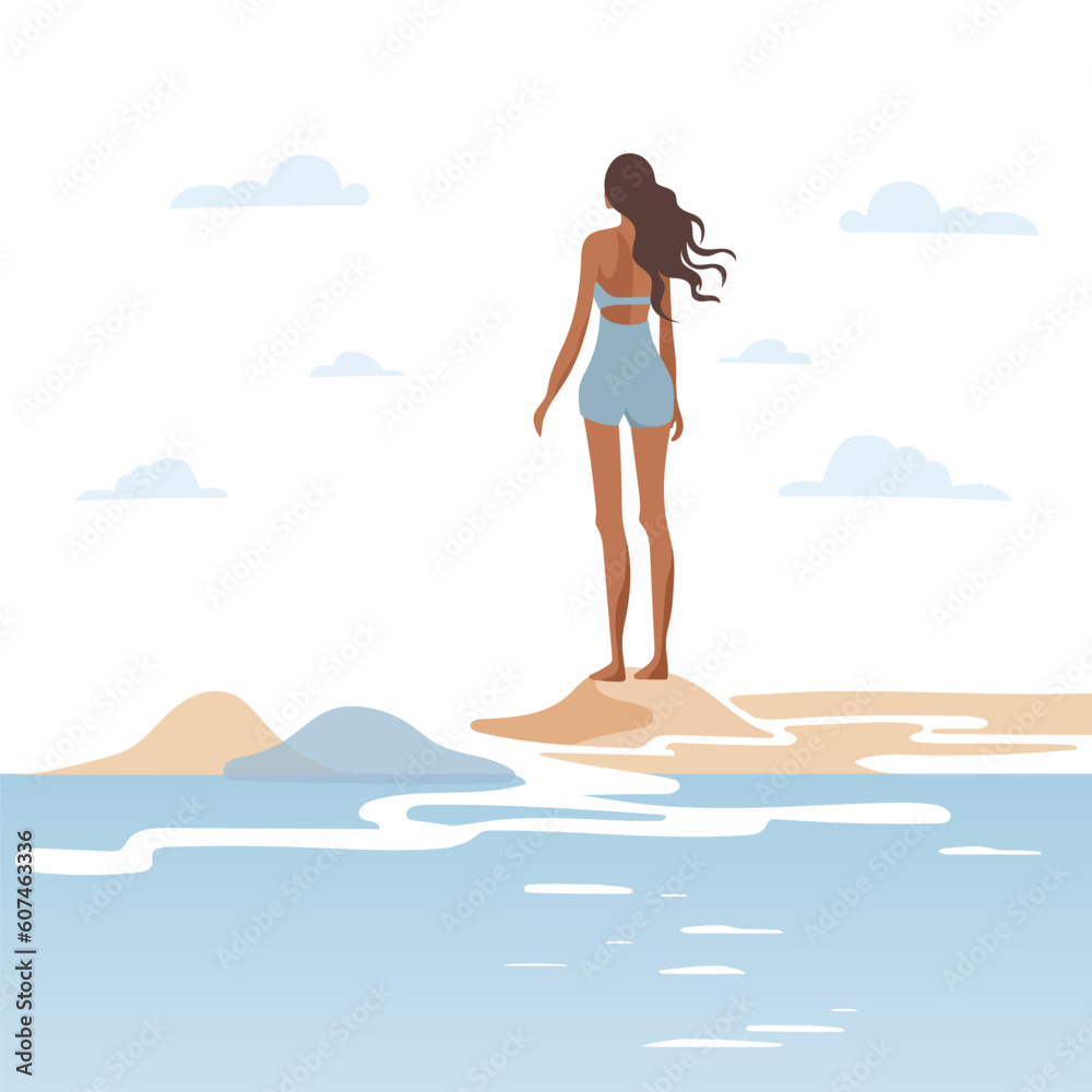 Vector back view portrait of a beautiful young woman standing in the seashore