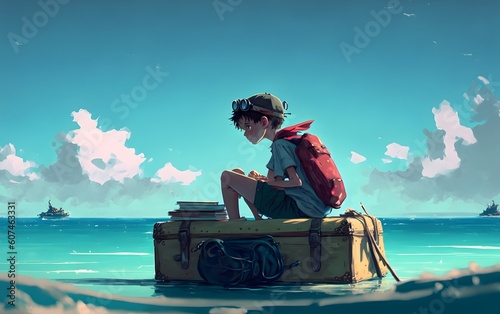 A boy with binoculars sits on a suitcase floating on the sea, digital art style, illustration painting, Generative AI © Raool