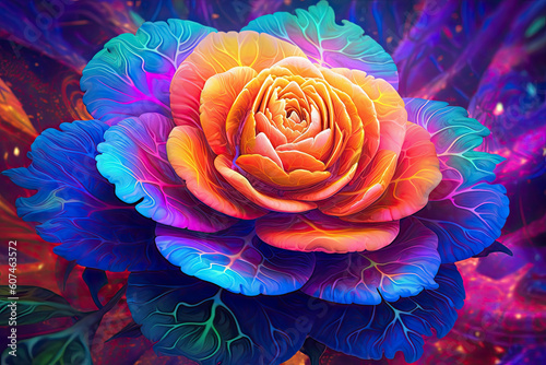 Psychedelic illustration of a Rose flower. Generative AI