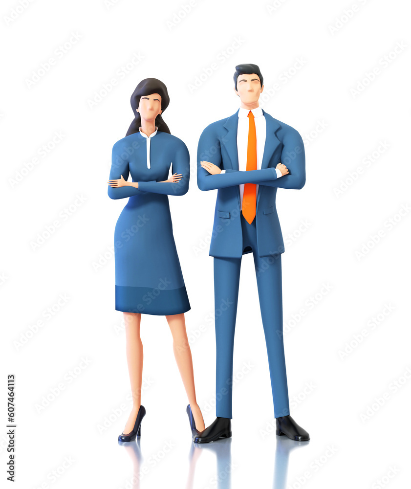 Successful businessman and businesswoman stand  at white background. 3D rendering illustration. 