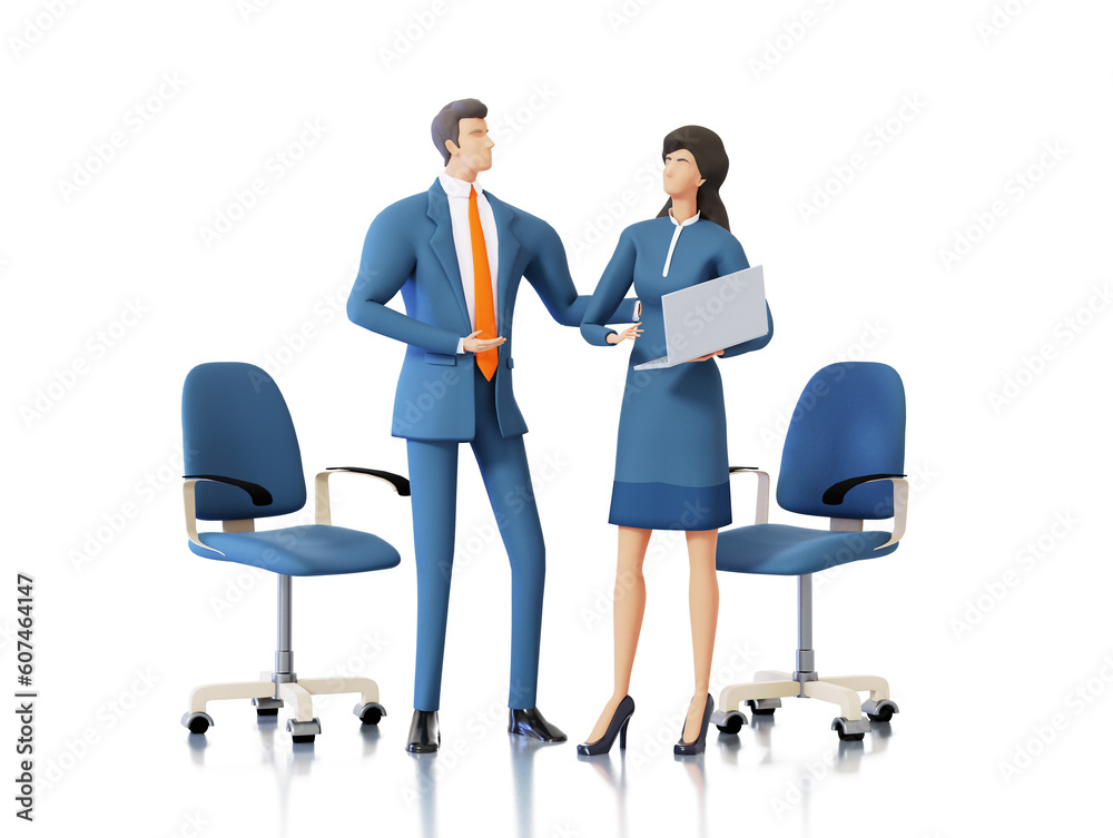 Obraz premium Successful business people having a conception in office, discussing problems, finding solutions, make agreement on a deal. Business concept 3D rendering illustration. 