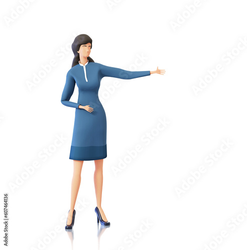 Successful business woman stand at white background and showing product. 3D rendering illustration. 