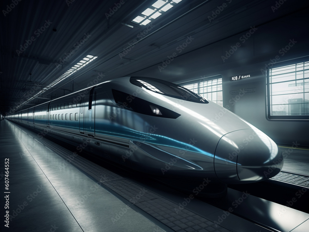 A silver futuristic bullet train is stopping at a train station. Has an aerodynamic design to minimize friction with the air. A silver futuristic bullet train is stopping at a train station. Has an aerodynamic design to minimize friction with the air.