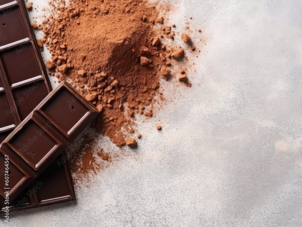 Fototapeta premium Chocolate bar, cocoa powder on white table, flat lay with copy space. AI generative