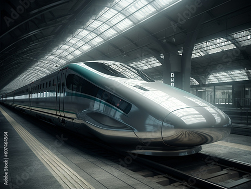 A silver futuristic bullet train is stopping at a train station. Has an aerodynamic design to minimize friction with the air.