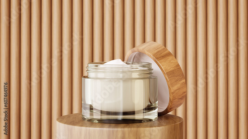 Glass jar of cream with an open wooden lid. Wooden background. Organic natural cosmetics.