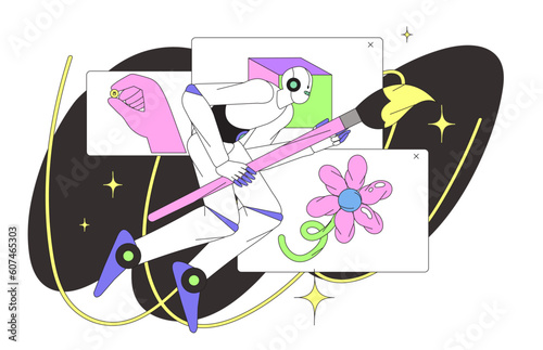 Art generated by artificial intelligence. Ai using drawing software to create an artwork on a drawing tablet. Robot with AI technology creating digital illustrations and generate images.