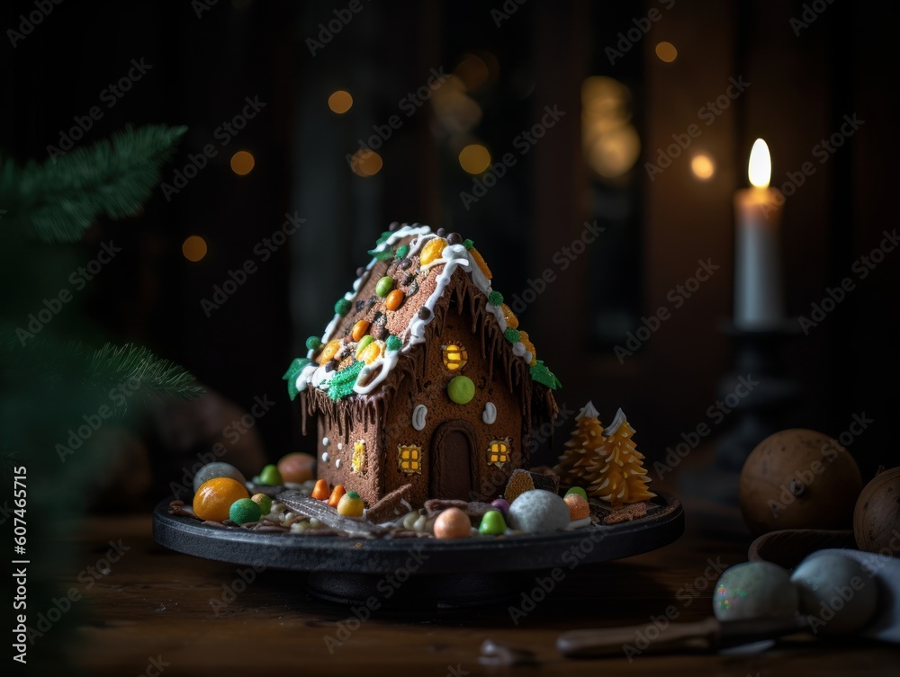 A Haunted Gingerbread House With Gummy, Candy Corn and Licorice, Sitting on a Mossy Green Cake on a Dark Wooden Table. Halloween Sweet Food Photography