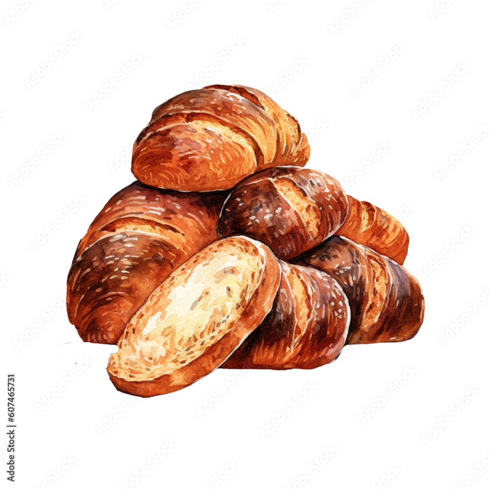 ai generated a Watercolor hand-drawn sketch illustration of bread with slices isolated 